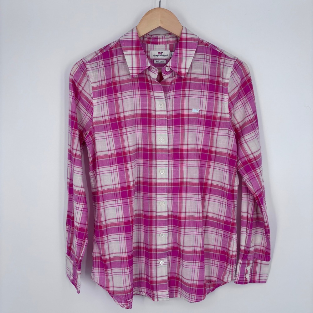 Vineyard Vines Resort Plaid Relaxed Button Down Shirt Women 0 Pink Beach Coastal